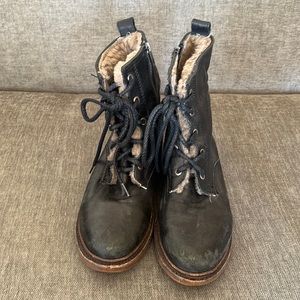 Black leather Frye combat boots with real fur lining